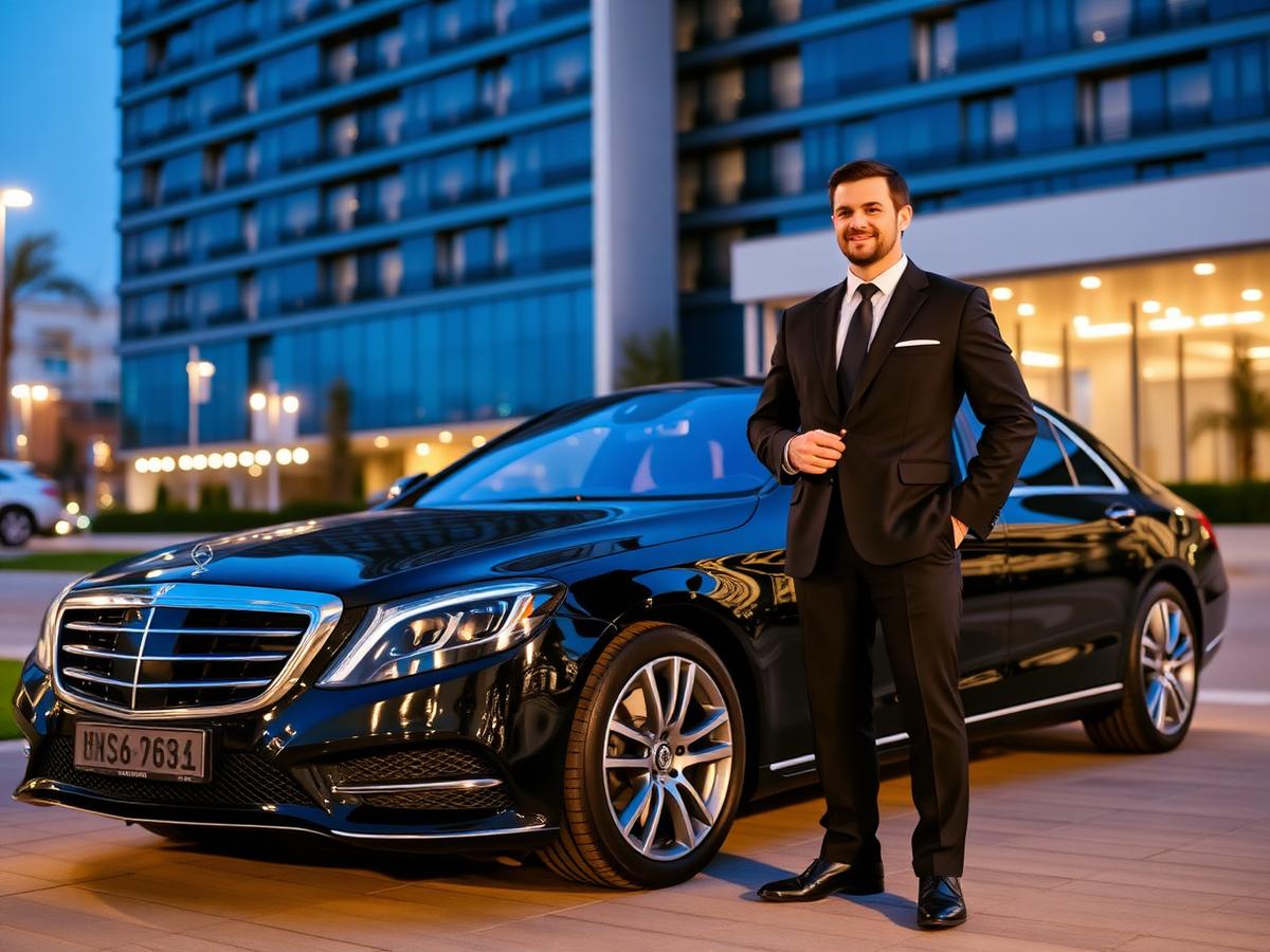 Chauffeur executive à côté d'une Mercedes Classe S